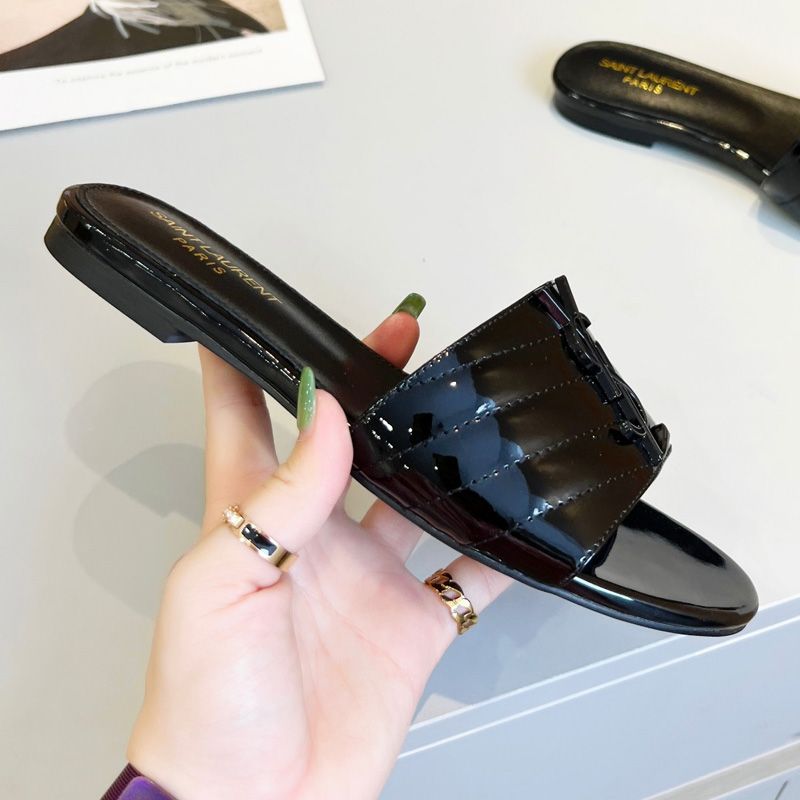 Saint Laurent Monogram Slides Women Matelasse Patent Leather Black