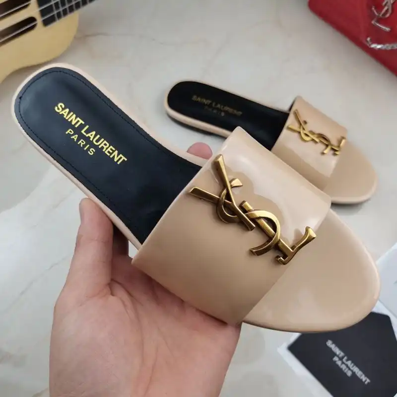 Saint Laurent Monogram Slides Women Patent Leather Apricot Gold