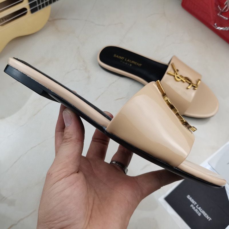 Saint Laurent Monogram Slides Women Patent Leather Apricot Gold