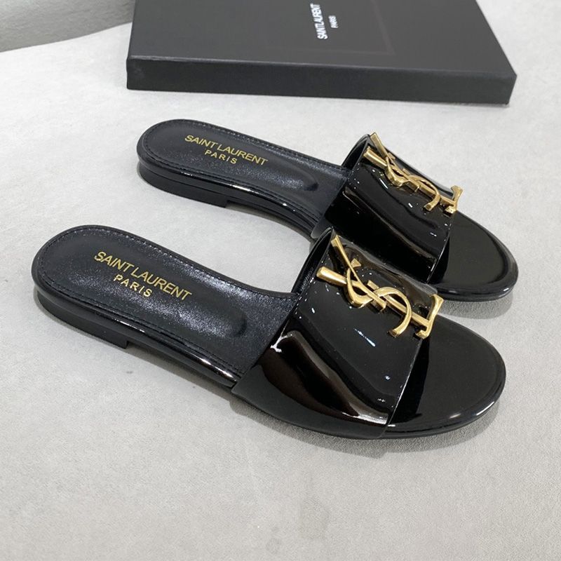 Saint Laurent Monogram Slides Women Patent Leather Black Gold