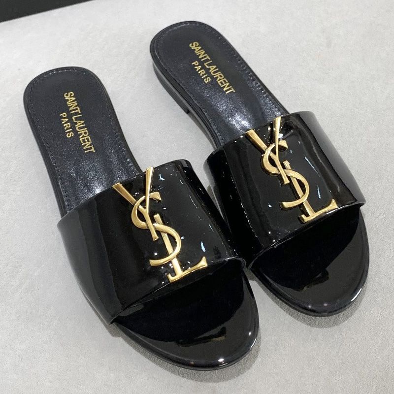 Saint Laurent Monogram Slides Women Patent Leather Black Gold