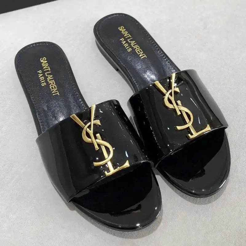 Cheap Saint Laurent Monogram Slides Women Patent Leather Black Gold