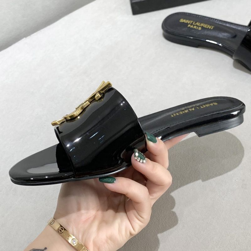 Saint Laurent Monogram Slides Women Patent Leather Black Gold