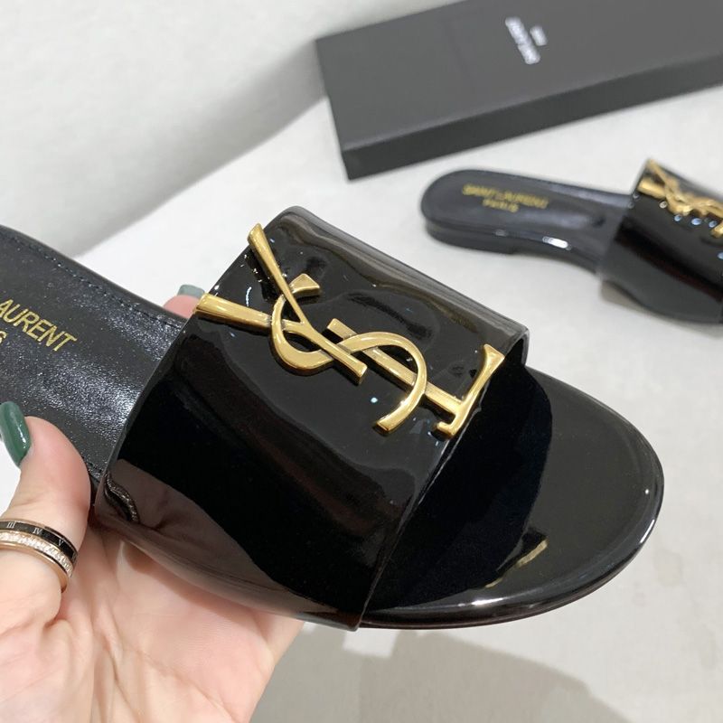 Saint Laurent Monogram Slides Women Patent Leather Black Gold