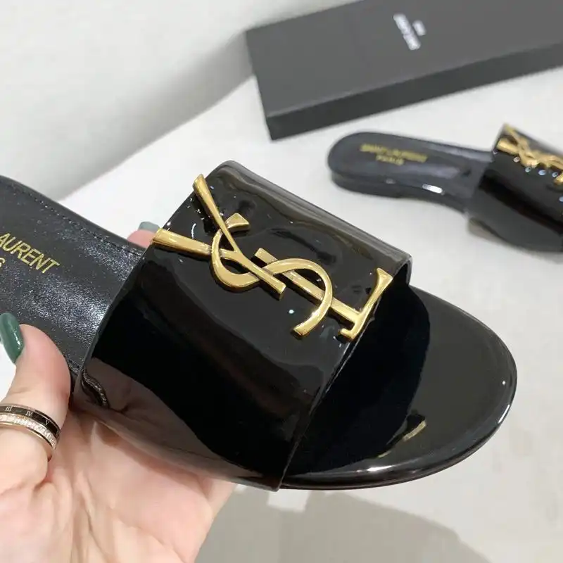 Cheap Saint Laurent Monogram Slides Women Patent Leather Black Gold