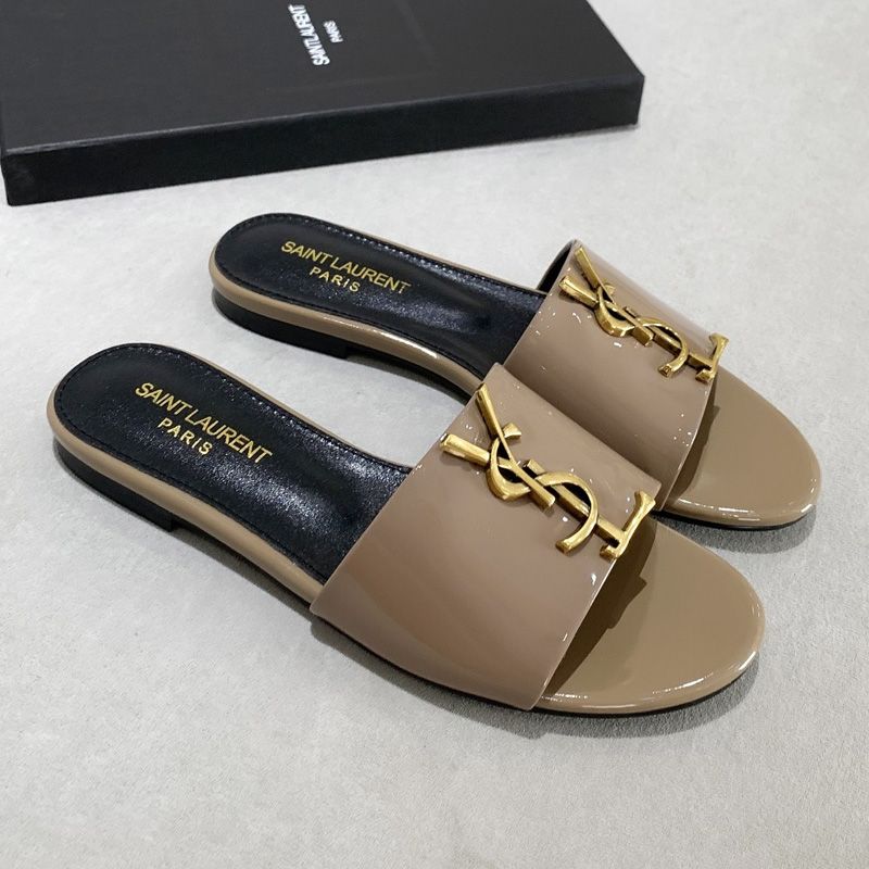 Saint Laurent Monogram Slides Women Patent Leather Khaki Gold