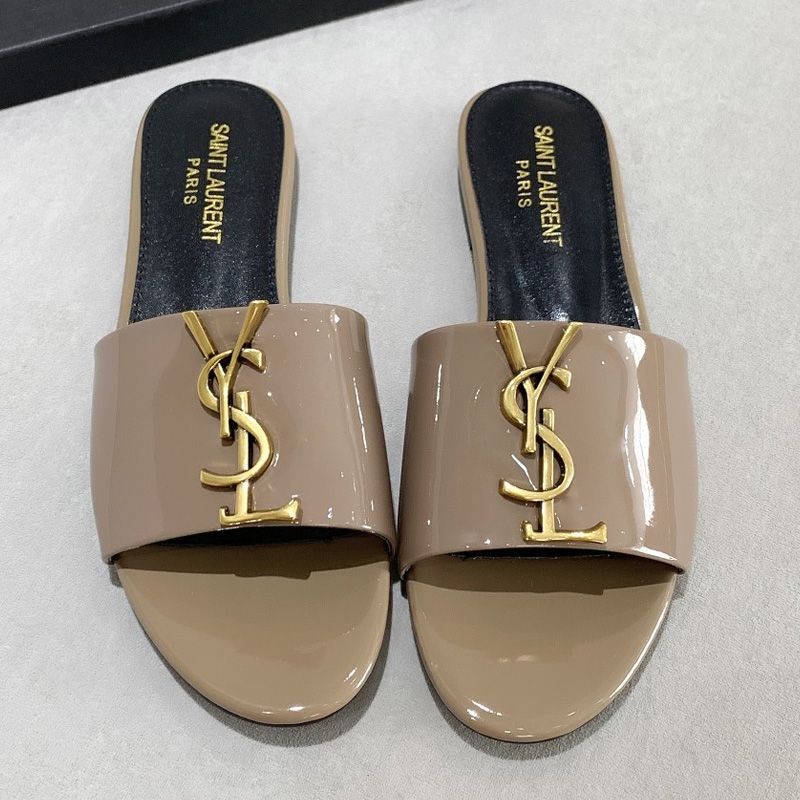 Saint Laurent Monogram Slides Women Patent Leather Khaki Gold