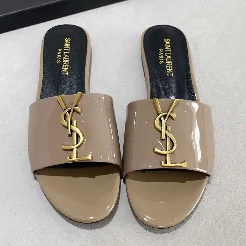 Cheap Saint Laurent Monogram Slides Women Patent Leather Khaki Gold