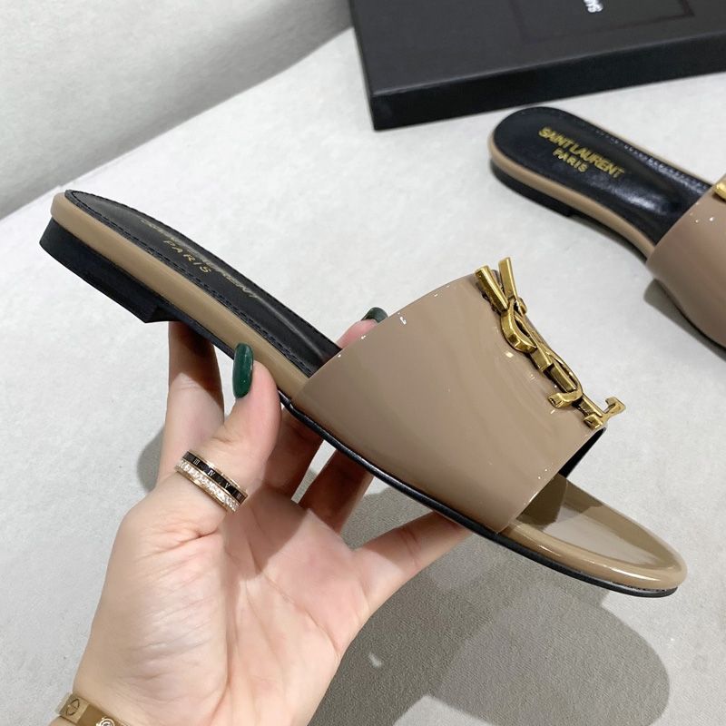 Saint Laurent Monogram Slides Women Patent Leather Khaki Gold