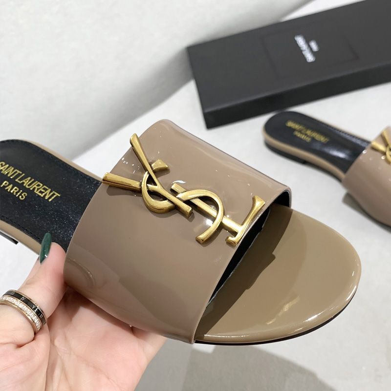 Saint Laurent Monogram Slides Women Patent Leather Khaki Gold