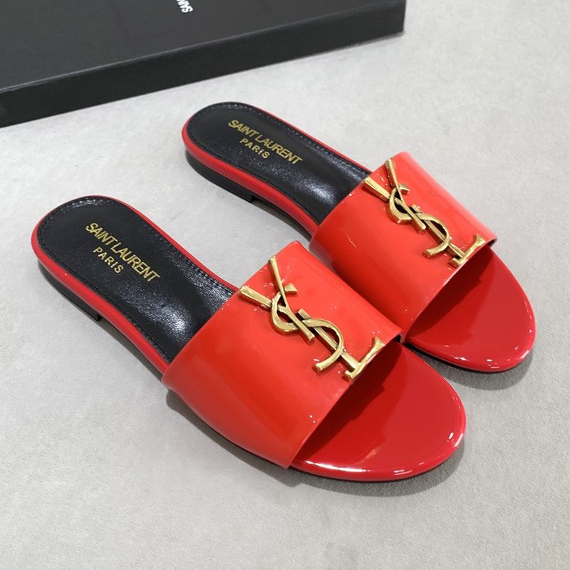 Saint Laurent Monogram Slides Women Patent Leather Red Gold