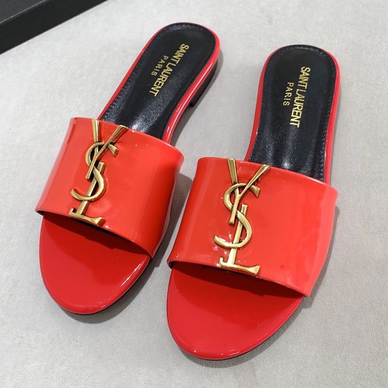 Saint Laurent Monogram Slides Women Patent Leather Red Gold