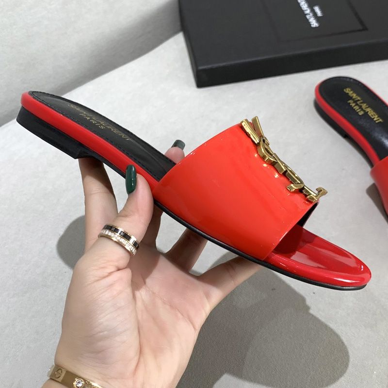 Saint Laurent Monogram Slides Women Patent Leather Red Gold