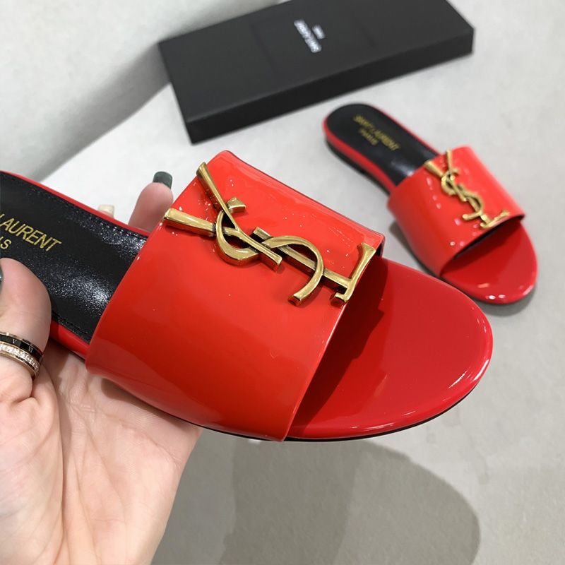 Saint Laurent Monogram Slides Women Patent Leather Red Gold