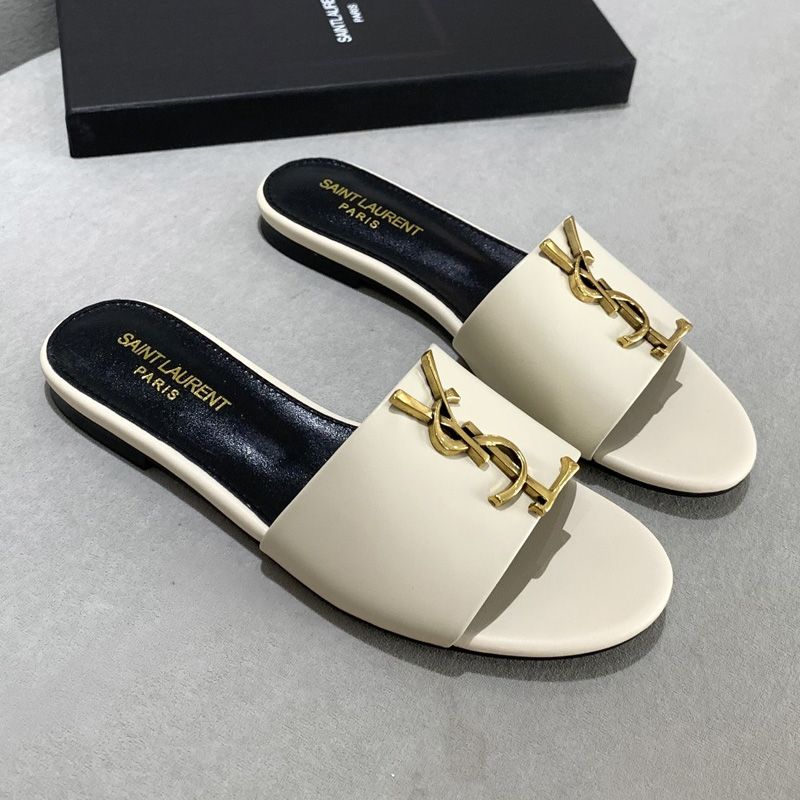 Saint Laurent Monogram Slides Women Smooth Leather Beige Gold