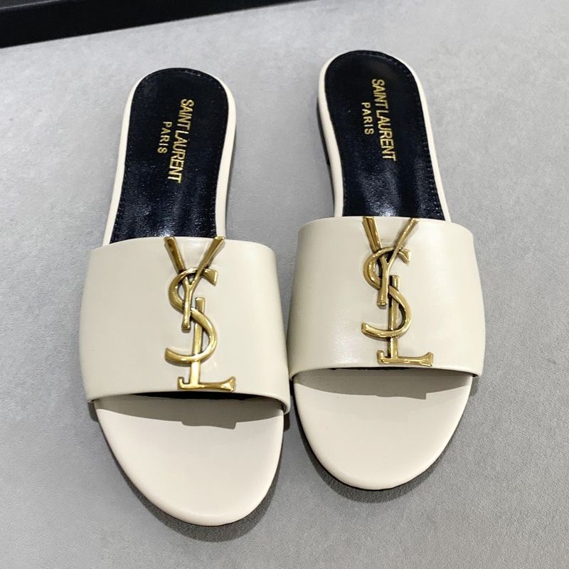 Saint Laurent Monogram Slides Women Smooth Leather Beige Gold