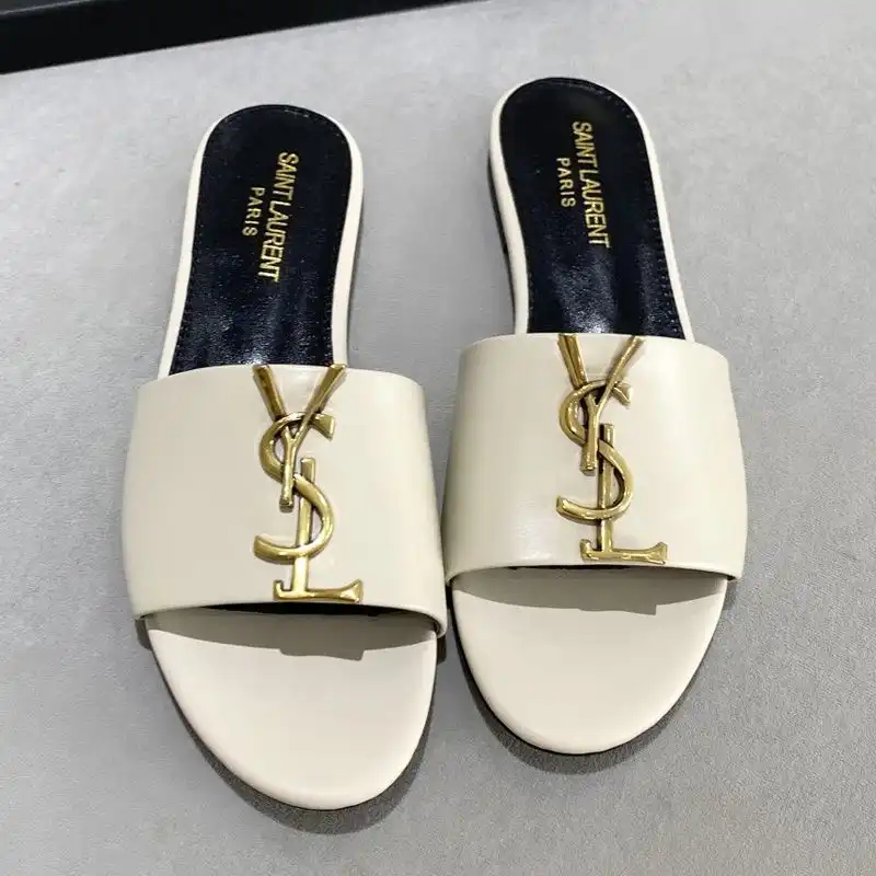 Cheap Saint Laurent Monogram Slides Women Smooth Leather Beige Gold