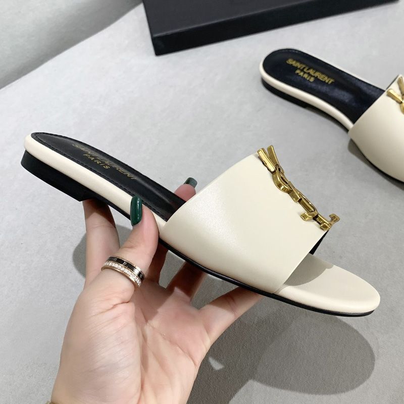 Saint Laurent Monogram Slides Women Smooth Leather Beige Gold