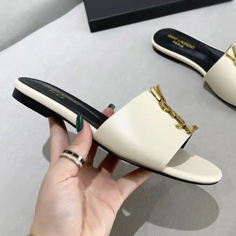 Cheap Saint Laurent Monogram Slides Women Smooth Leather Beige Gold