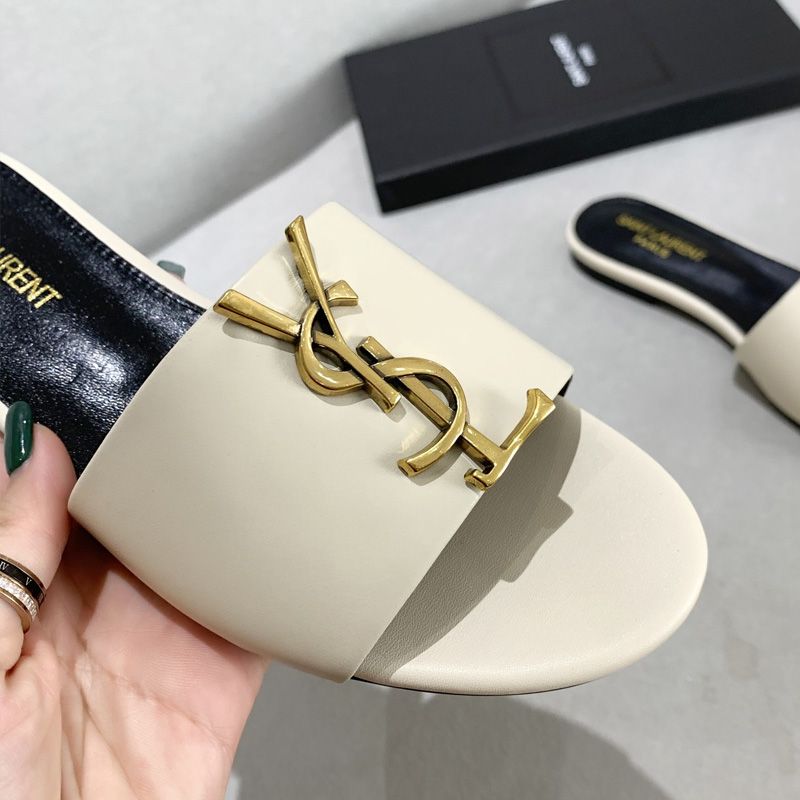 Saint Laurent Monogram Slides Women Smooth Leather Beige Gold