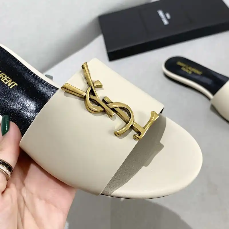 Cheap Saint Laurent Monogram Slides Women Smooth Leather Beige Gold