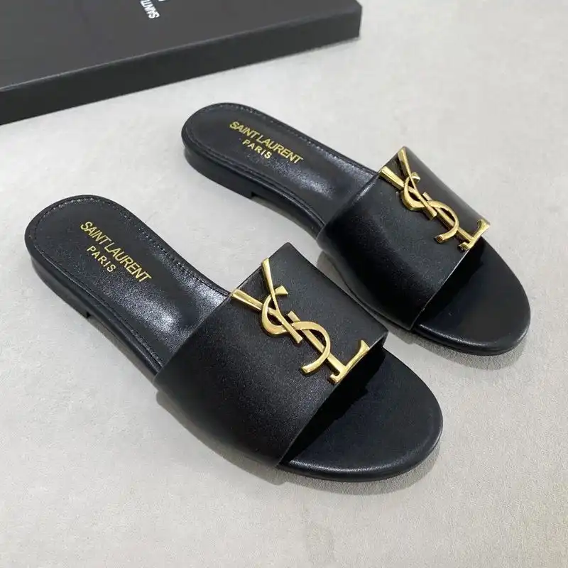 Saint Laurent Monogram Slides Women Smooth Leather Black Gold