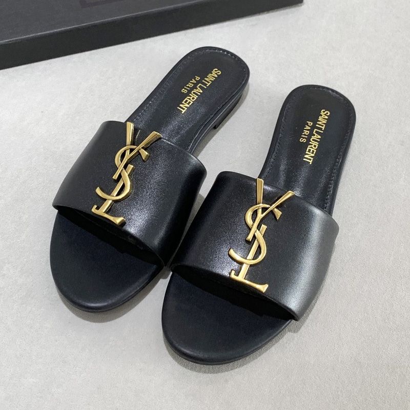 Saint Laurent Monogram Slides Women Smooth Leather Black Gold