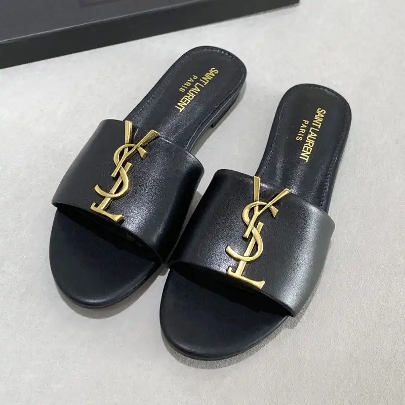 Cheap Saint Laurent Monogram Slides Women Smooth Leather Black Gold