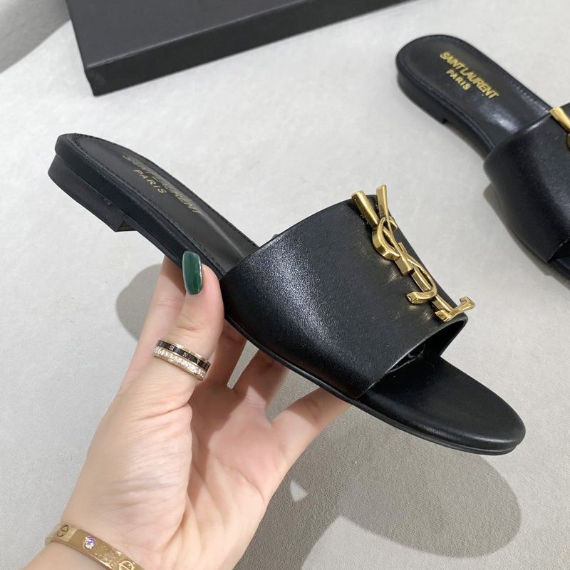 Saint Laurent Monogram Slides Women Smooth Leather Black Gold