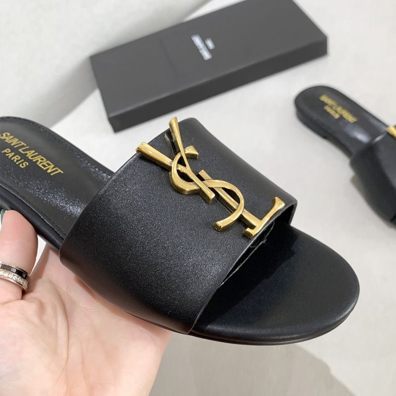 Saint Laurent Monogram Slides Women Smooth Leather Black Gold