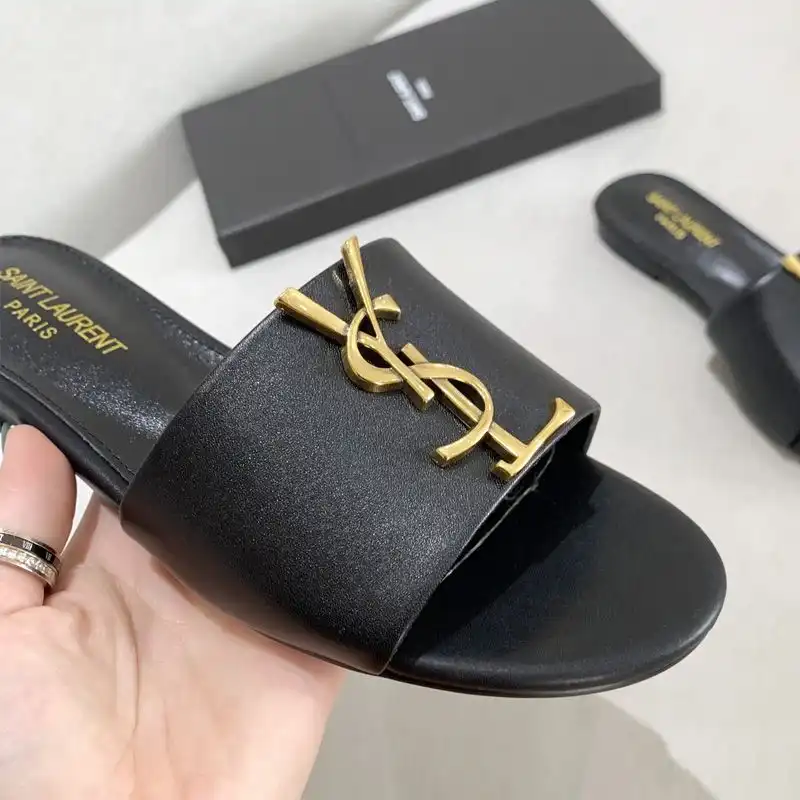 Cheap Saint Laurent Monogram Slides Women Smooth Leather Black Gold