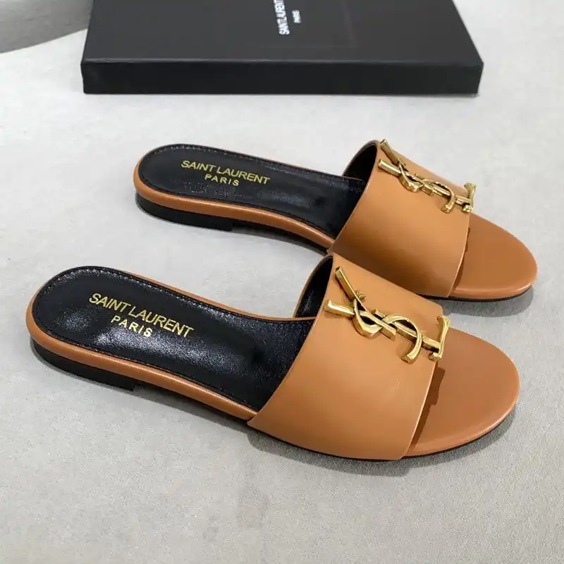 Saint Laurent Monogram Slides Women Smooth Leather Brown Gold