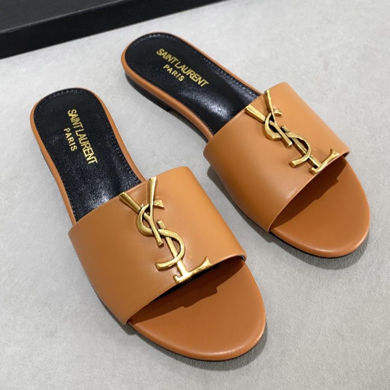 Saint Laurent Monogram Slides Women Smooth Leather Brown Gold