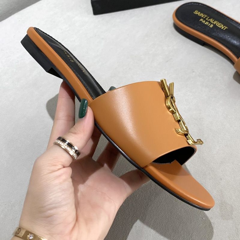 Saint Laurent Monogram Slides Women Smooth Leather Brown Gold