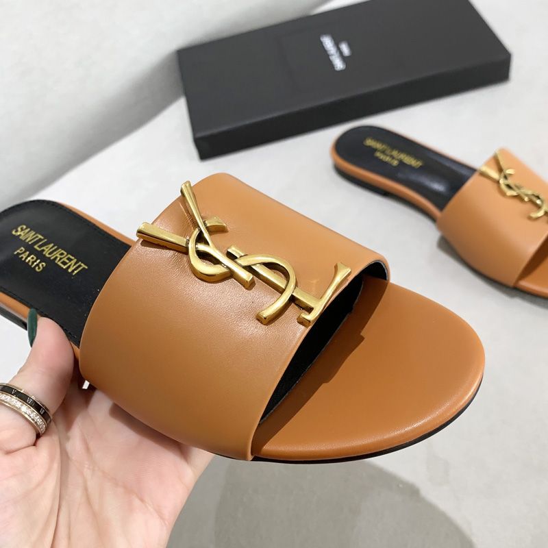 Saint Laurent Monogram Slides Women Smooth Leather Brown Gold