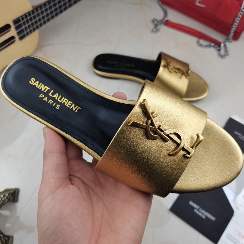 Saint Laurent Monogram Slides Women Smooth Leather Gold