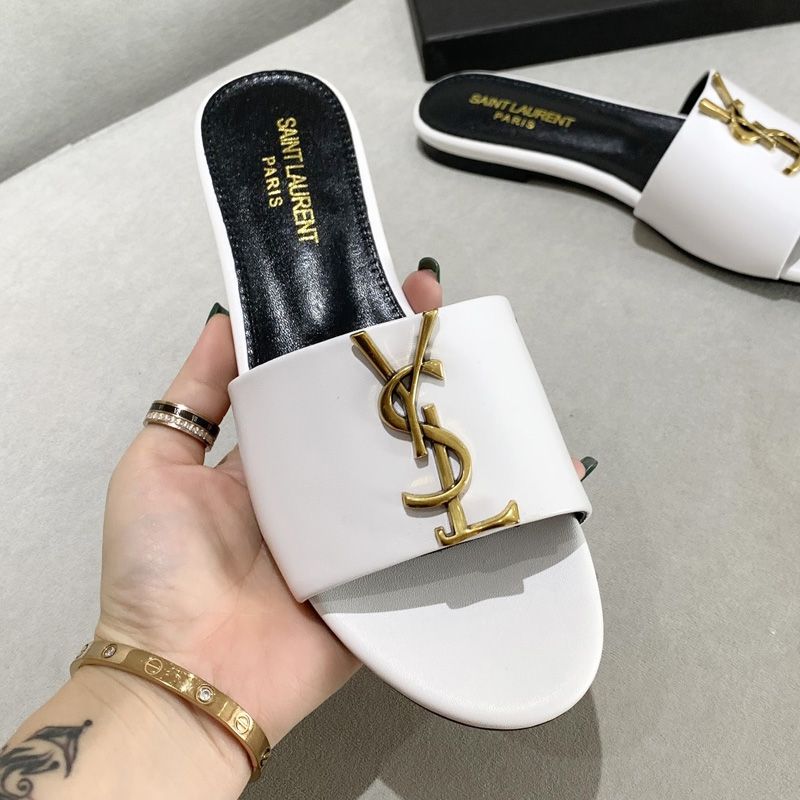 Saint Laurent Monogram Slides Women Smooth Leather White Gold