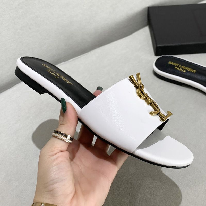 Saint Laurent Monogram Slides Women Smooth Leather White Gold