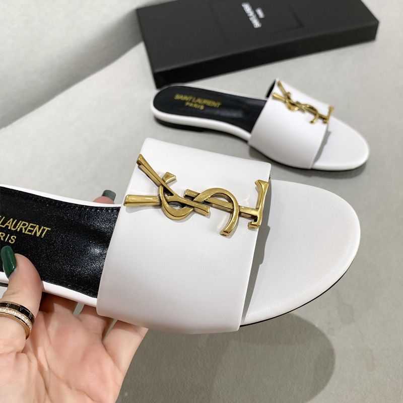 Saint Laurent Monogram Slides Women Smooth Leather White Gold