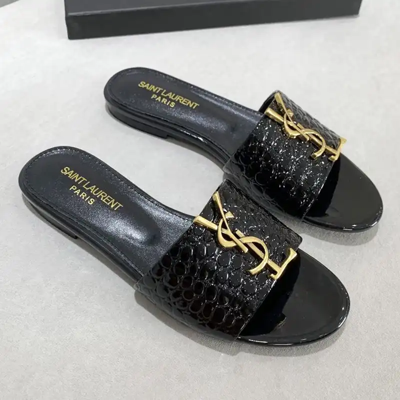 Saint Laurent Monogram Slides Women Stone Grain Leather Black Gold