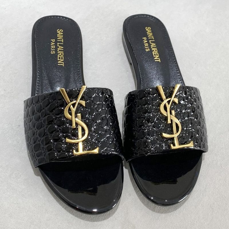 Saint Laurent Monogram Slides Women Stone Grain Leather Black Gold