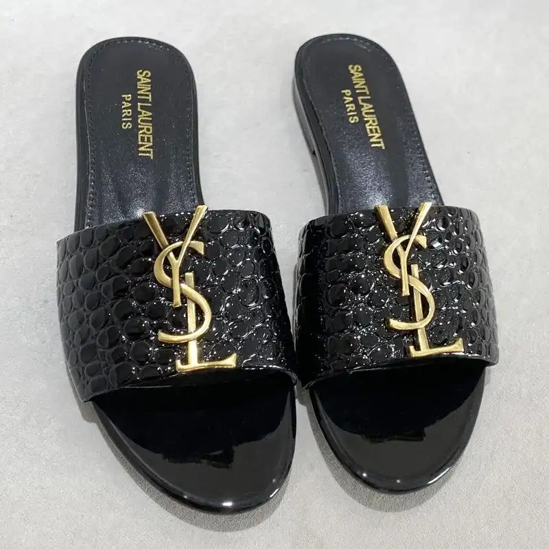 Cheap Saint Laurent Monogram Slides Women Stone Grain Leather Black Gold