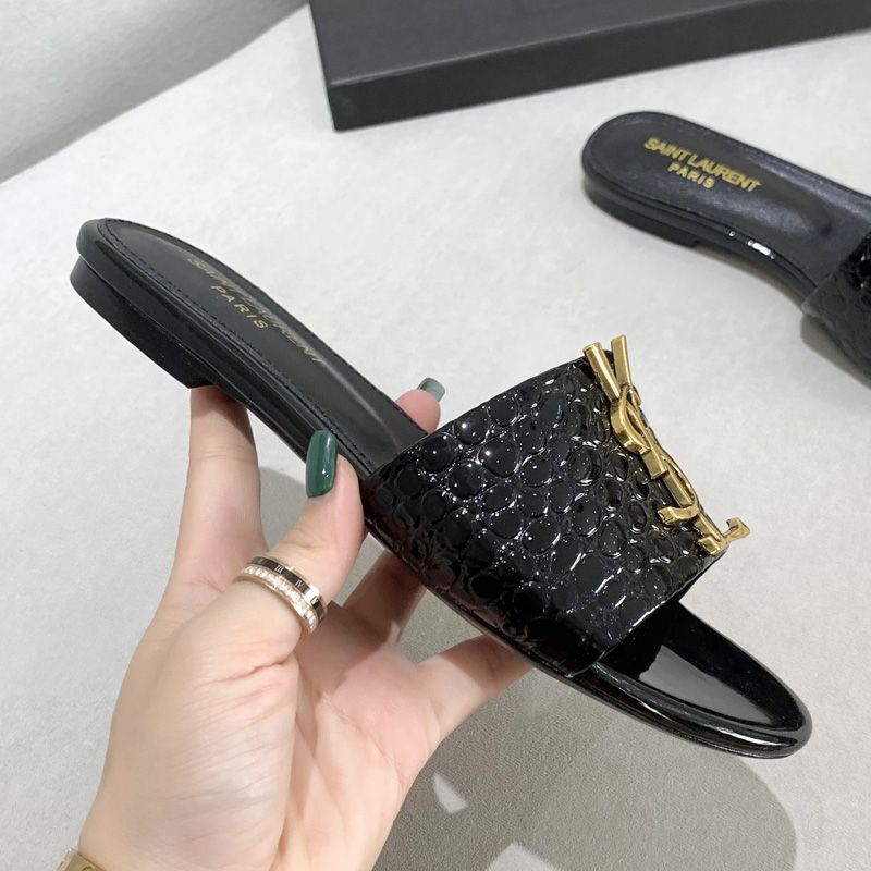 Saint Laurent Monogram Slides Women Stone Grain Leather Black Gold