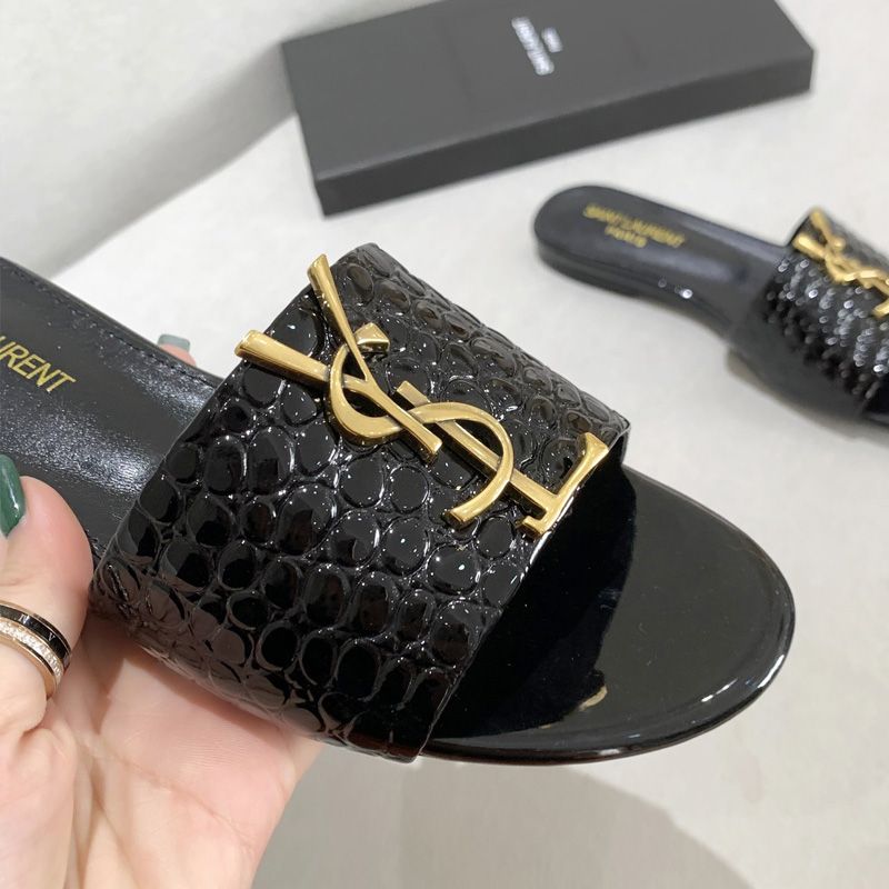 Saint Laurent Monogram Slides Women Stone Grain Leather Black Gold