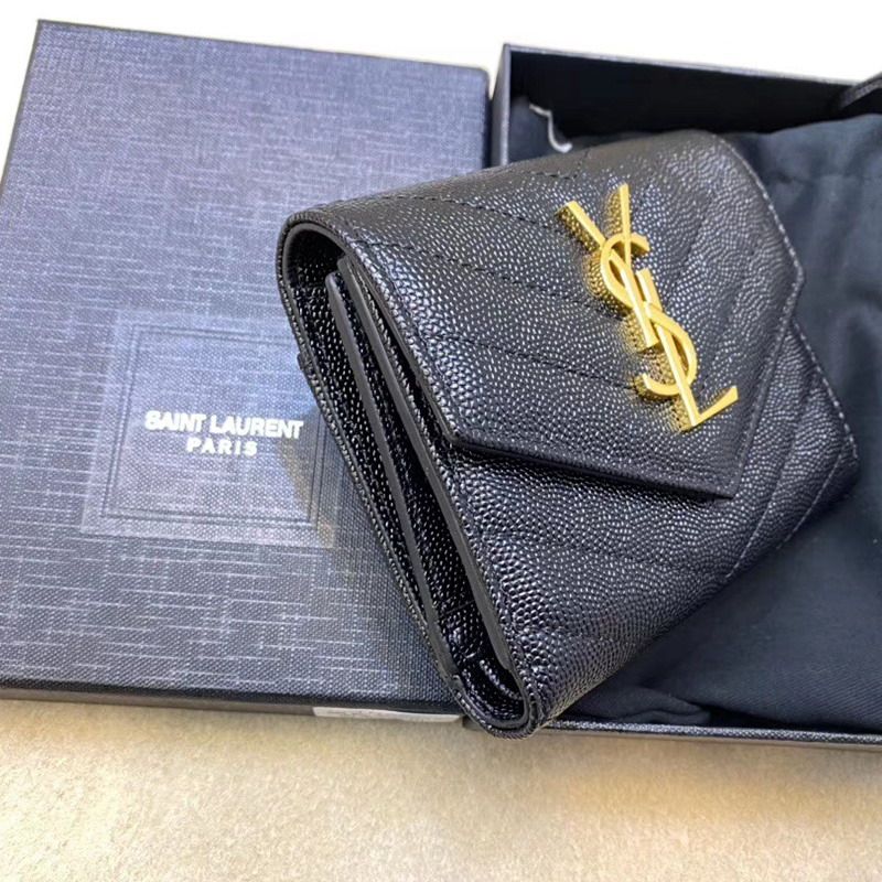 Saint Laurent Monogram Trifold Card Case In Grained Matelasse Leather Black Gold