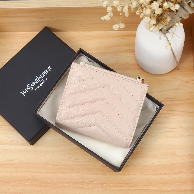 Saint Laurent Monogram Zipped Bifold Card Case In Grained Matelasse Leather Pink Gold