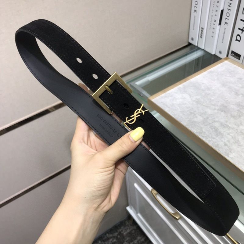 Saint Laurent Monogram Belt With Square Buckle In Suede Black Gold