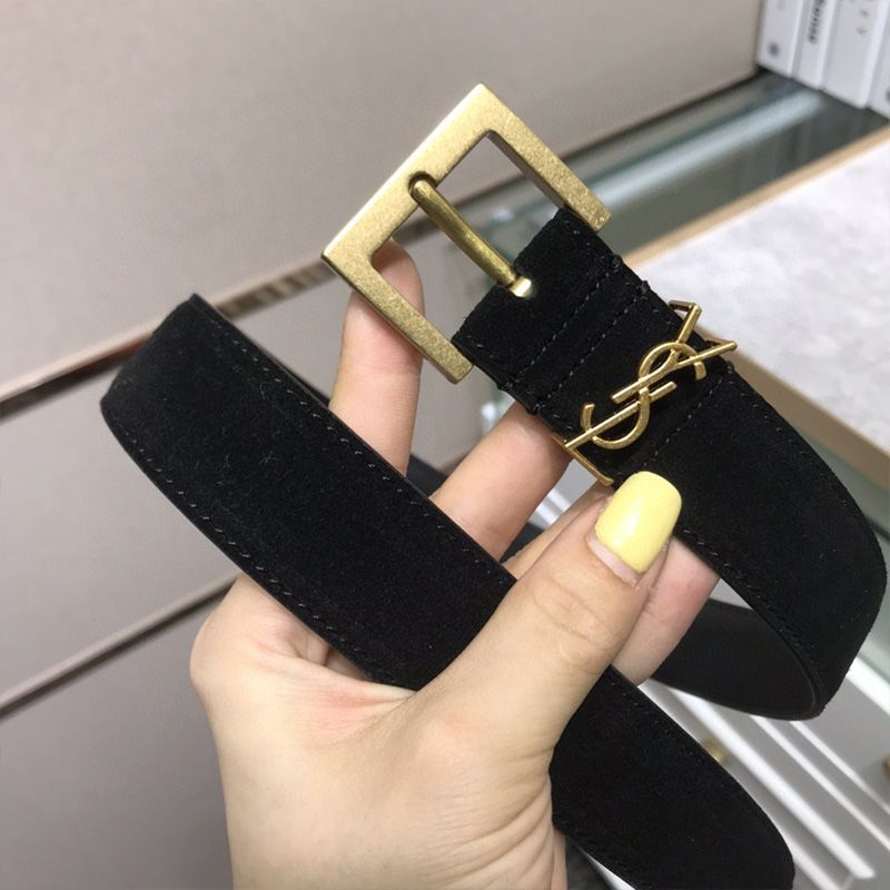 Saint Laurent Monogram Belt With Square Buckle In Suede Black Gold