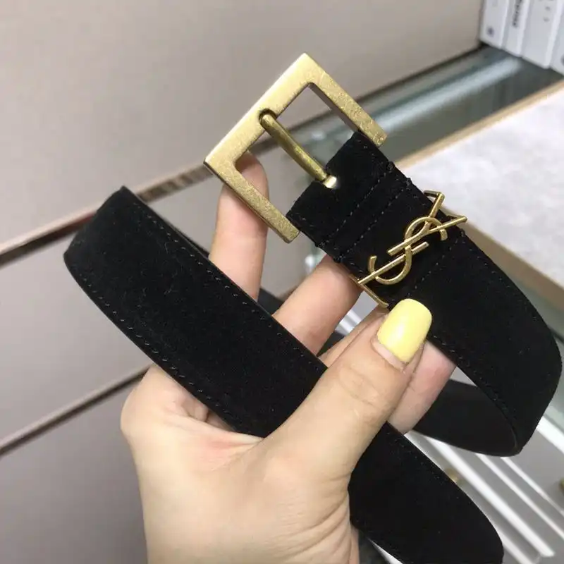 CHEAP Saint Laurent Monogram Belt With Square Buckle In Suede Black Gold