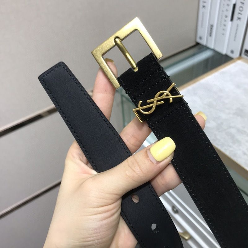 Saint Laurent Monogram Belt With Square Buckle In Suede Black Gold